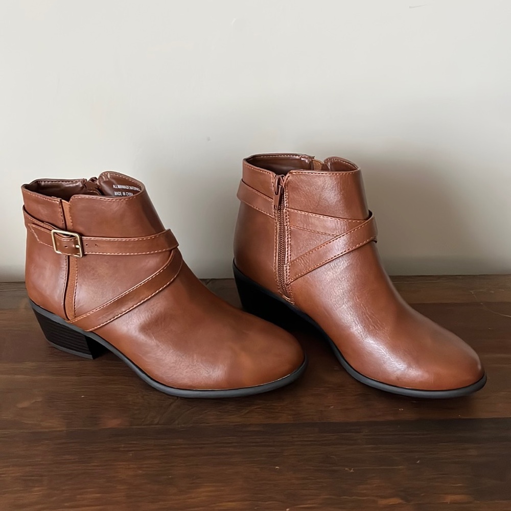 Karen Scott cognac side zip ankle boots with 2 inch heel